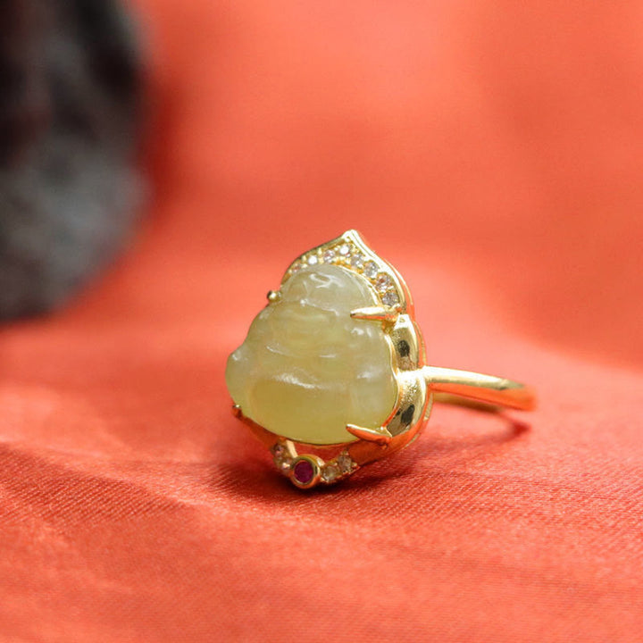 Buddha Stones天然和田翡翠 卵型 銅製 笑い仏 開運リング