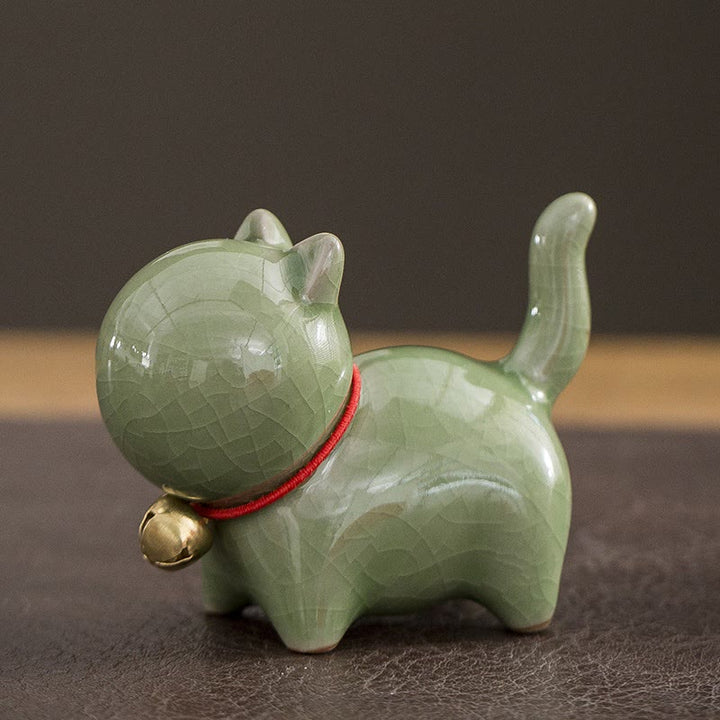 Buddha Stonesミニかわいいラッキーベル猫ティーペットセラミックホームデスク置物装飾 - 招き猫グリーン 7×3.4×5.8cm - image 2