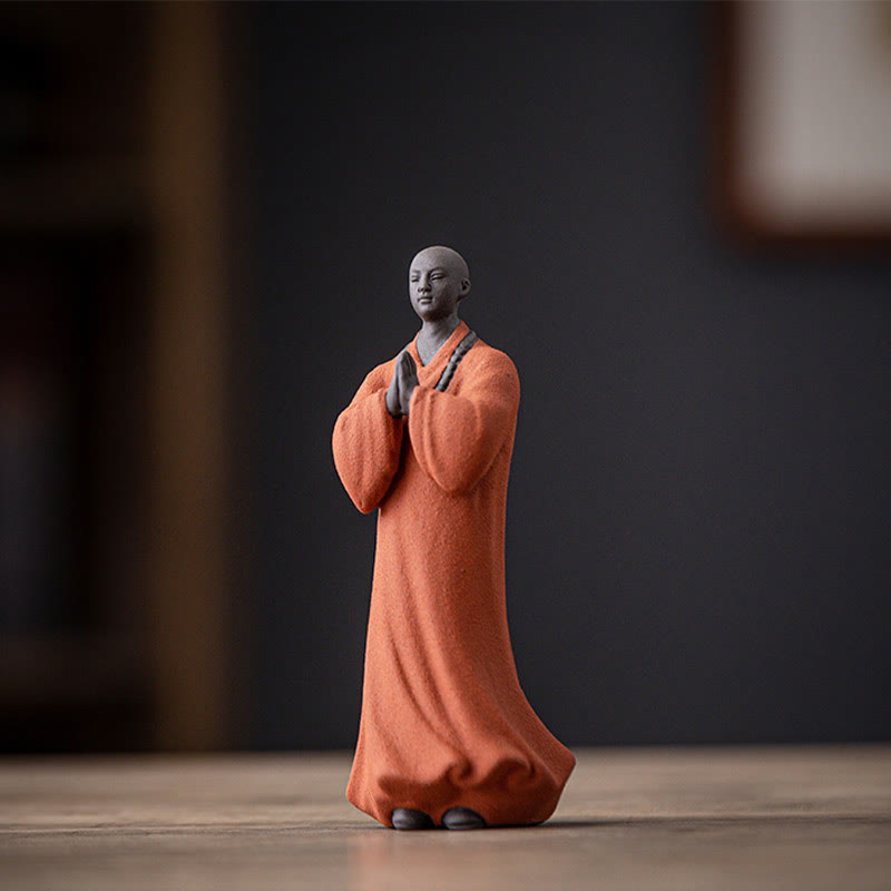 Buddha Stones瞑想 祈り 僧侶 像 陶器 慈悲 静寂 室内装飾 - オレンジモンク 5*5*13cm - image 4