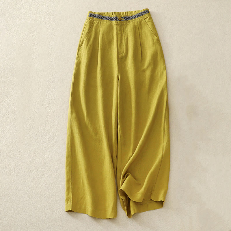 Buddha Stones無地 フロントボタン バックゴム コットンリネン レディース パンツ ポケット付き - 黄色 - US8-10，UK/AU12-14，EU40-42 (2XL) - image 10