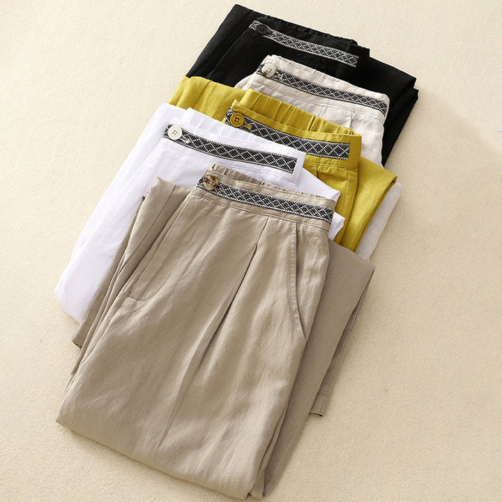 Buddha Stones無地 フロントボタン バックゴム コットンリネン レディース パンツ ポケット付き - image 1