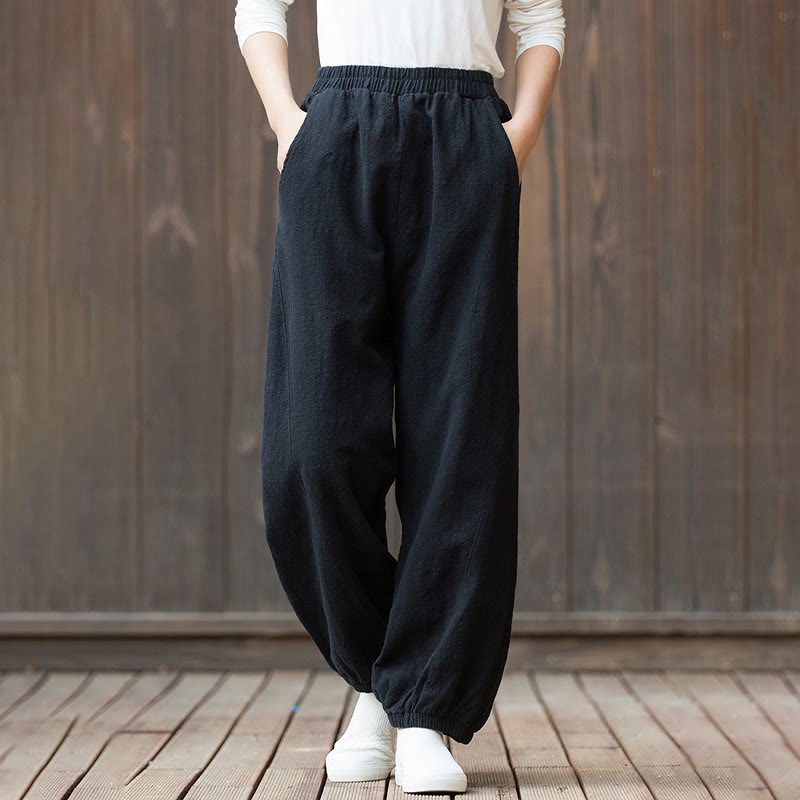 Buddha Stonesカジュアル 無地 キャロット 伸縮性ウエストバンド コットン ラミー レディース パンツ ポケット付き - image 13