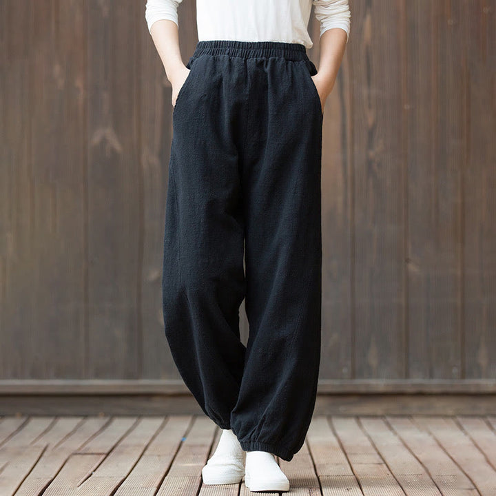 Buddha Stonesカジュアル 無地 キャロット 伸縮性ウエストバンド コットン ラミー レディース パンツ ポケット付き - image 13