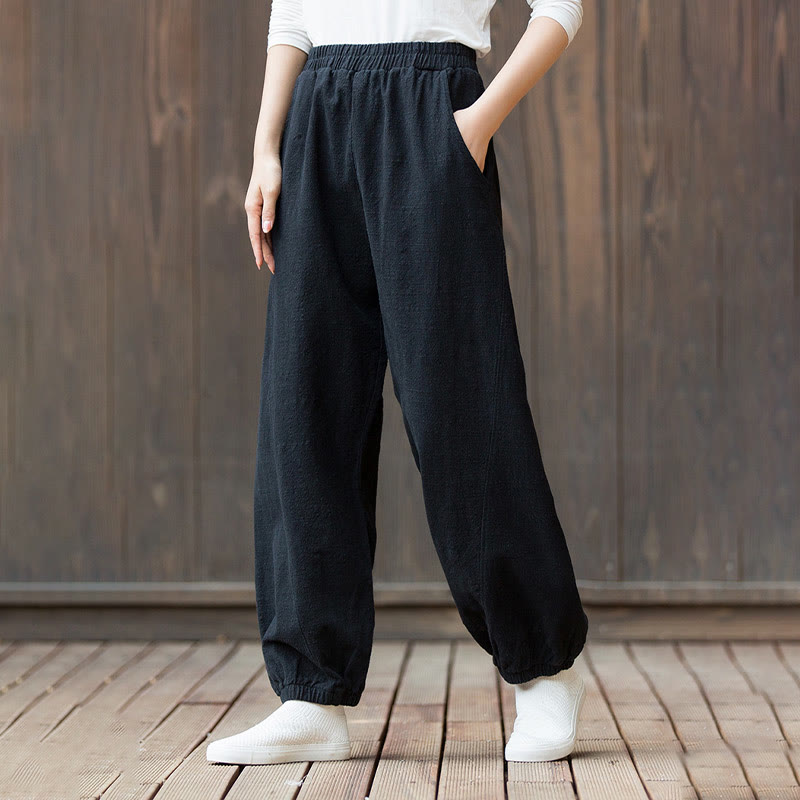 Buddha Stonesカジュアル 無地 キャロット 伸縮性ウエストバンド コットン ラミー レディース パンツ ポケット付き - image 16