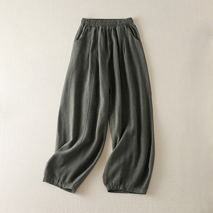 Buddha Stones無地 コットンリネン レディース ポケット付きパンツ - ダークオリーブグリーン - US8-10，UK/AU12-14，EU40-42 (2XL) - image 0