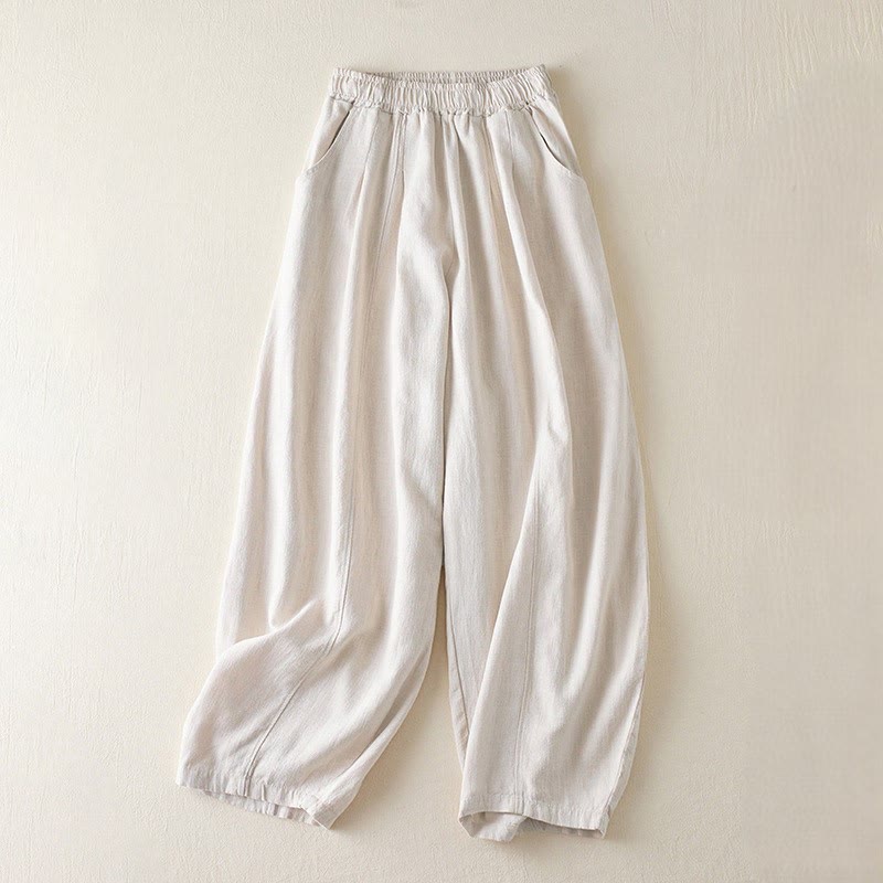 Buddha Stones無地 コットンリネン レディース ポケット付きパンツ - ベージュ - US8-10，UK/AU12-14，EU40-42 (2XL) - image 8