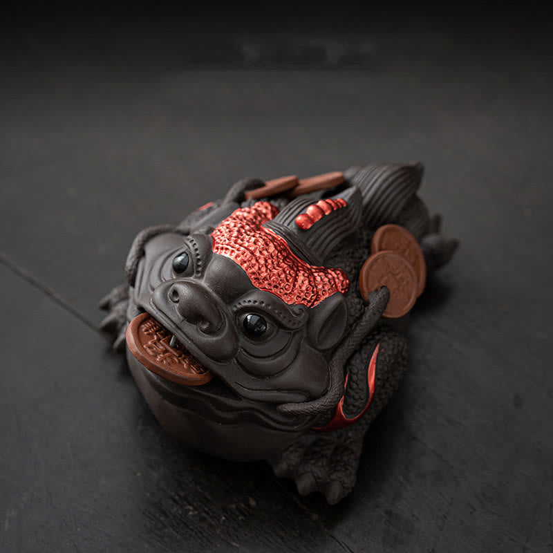 Buddha Stones風水 カエル ヒキガエル 銅貨 陶器 紫粘土 富 家庭用 ティーペット 置物 装飾