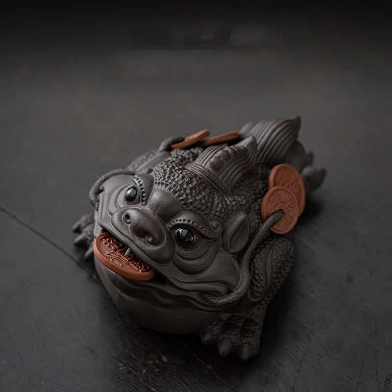Buddha Stones風水 カエル ヒキガエル 銅貨 陶器 紫粘土 富 家庭用 ティーペット 置物 装飾