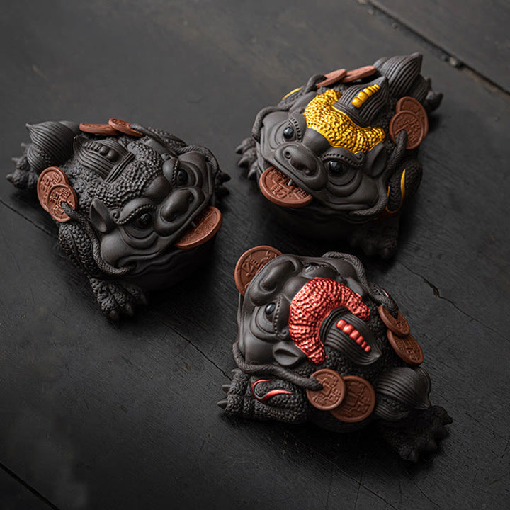 Buddha Stones風水 カエル ヒキガエル 銅貨 陶器 紫粘土 富 家庭用 ティーペット 置物 装飾