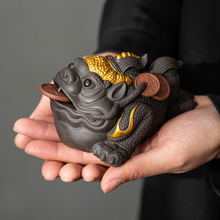 Buddha Stones風水 カエル ヒキガエル 銅貨 陶器 紫粘土 富 家庭用 ティーペット 置物 装飾