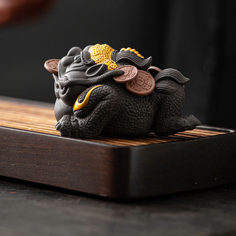 Buddha Stones風水 カエル ヒキガエル 銅貨 陶器 紫粘土 富 家庭用 ティーペット 置物 装飾