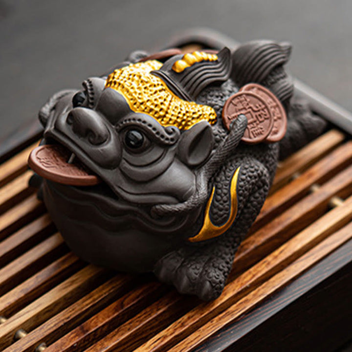 Buddha Stones風水 カエル ヒキガエル 銅貨 陶器 紫粘土 富 家庭用 ティーペット 置物 装飾