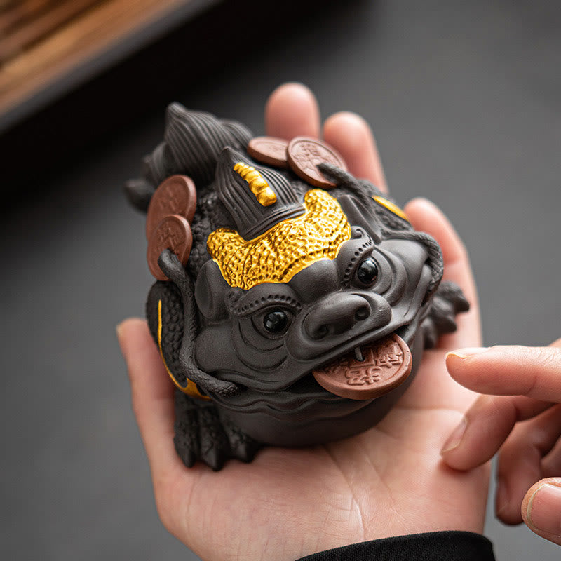 Buddha Stones風水 カエル ヒキガエル 銅貨 陶器 紫粘土 富 家庭用 ティーペット 置物 装飾
