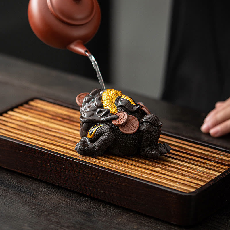 Buddha Stones風水 カエル ヒキガエル 銅貨 陶器 紫粘土 富 家庭用 ティーペット 置物 装飾