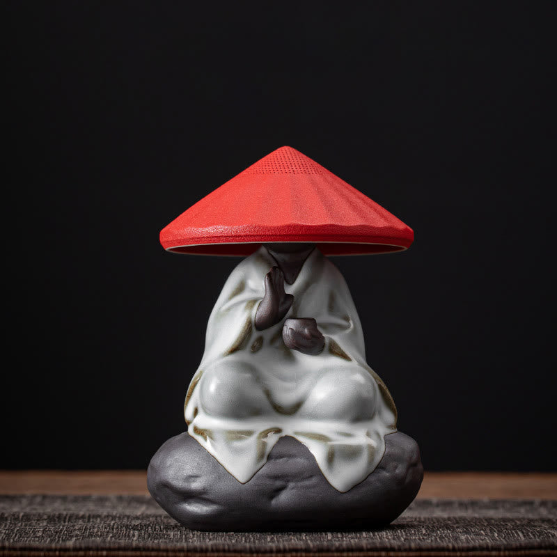 Buddha Stones小さな禅僧帽子ストレーナー 陶器製 ティーアクセサリー 置物 室内装飾 - モンク レッドハット ストレーナー 9×12.2cm - image 12