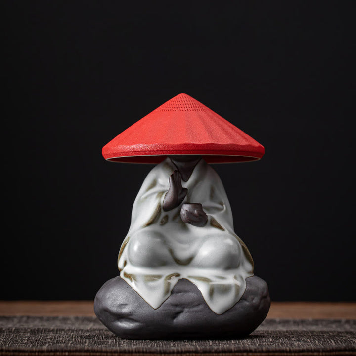 Buddha Stones小さな禅僧帽子ストレーナー 陶器製 ティーアクセサリー 置物 室内装飾 - モンク レッドハット ストレーナー 9×12.2cm - image 12