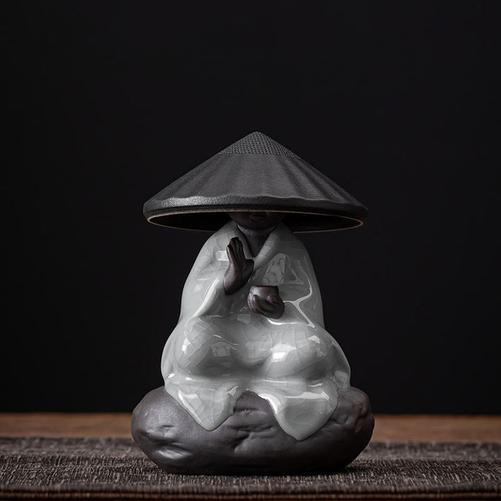 Buddha Stones小さな禅僧帽子ストレーナー 陶器製 ティーアクセサリー 置物 室内装飾 - ひび割れ模様のモンクブラックハットストレーナー 9×12.2cm - image 14