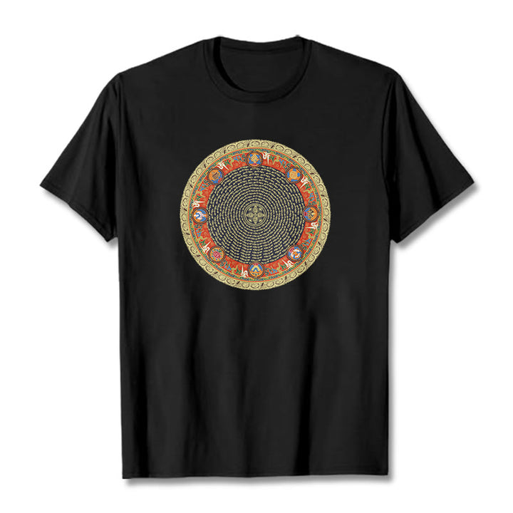 Buddha Stonesの円形、オーム・マニ・パドメ・フム、 8つの吉兆のシンボルのコットンTシャツ - 黒 - 2XL - image 5