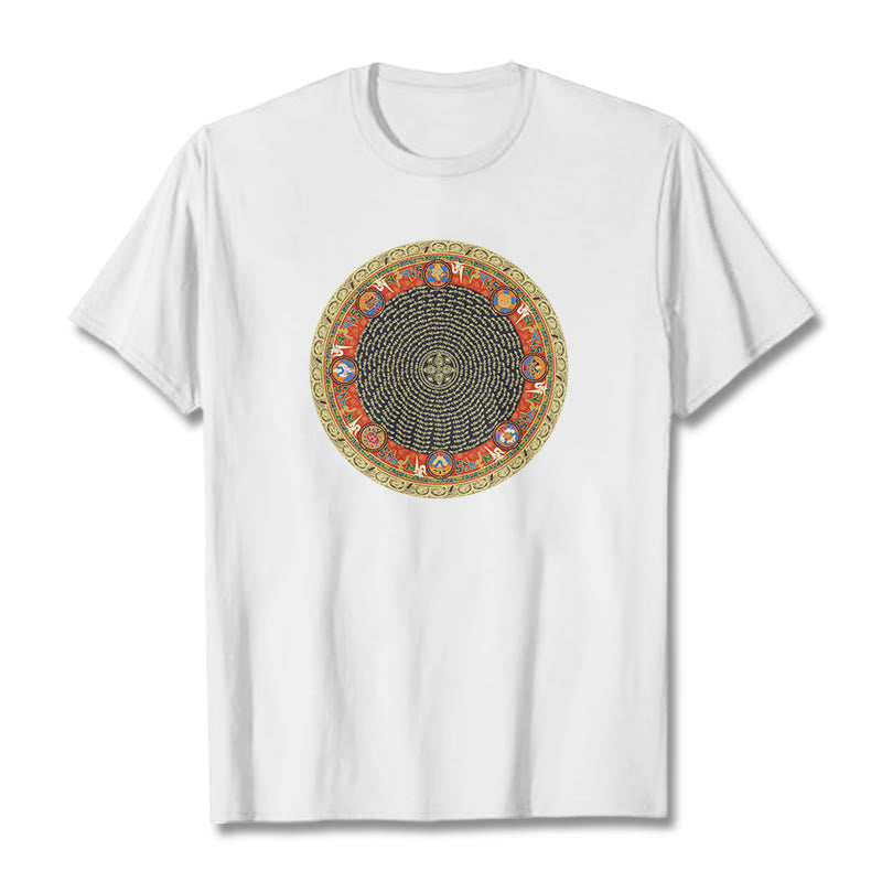 Buddha Stonesの円形、オーム・マニ・パドメ・フム、 8つの吉兆のシンボルのコットンTシャツ - 白 - 2XL - image 11