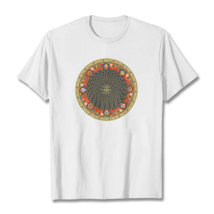 Buddha Stonesの円形、オーム・マニ・パドメ・フム、 8つの吉兆のシンボルのコットンTシャツ - 白 - 2XL - image 11