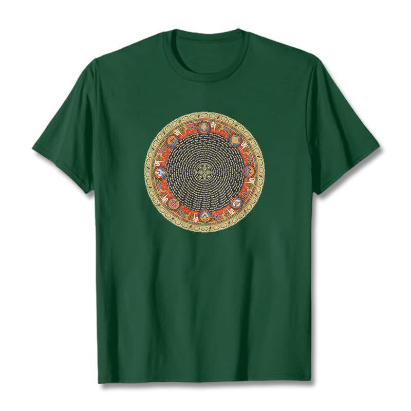 Buddha Stonesの円形、オーム・マニ・パドメ・フム、 8つの吉兆のシンボルのコットンTシャツ - フォレストグリーン - 2XL - image 1