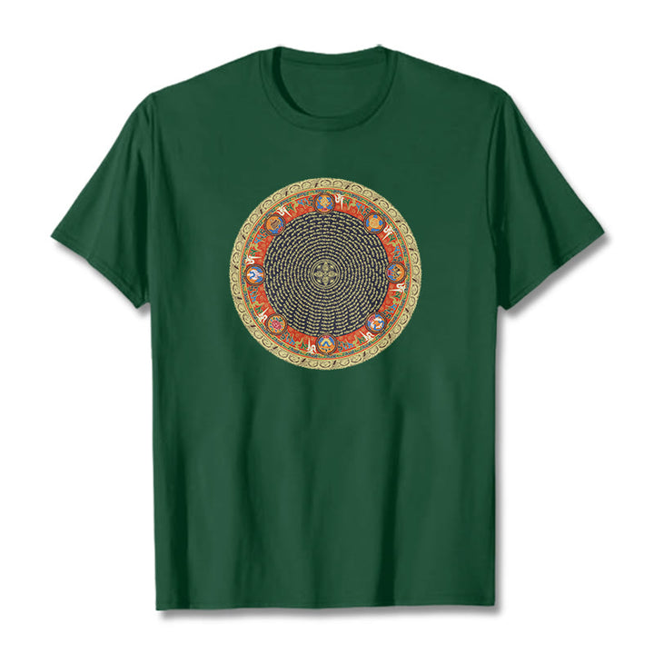 Buddha Stonesの円形、オーム・マニ・パドメ・フム、 8つの吉兆のシンボルのコットンTシャツ - フォレストグリーン - 2XL - image 1