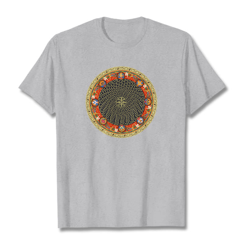 Buddha Stonesの円形、オーム・マニ・パドメ・フム、 8つの吉兆のシンボルのコットンTシャツ - ライトグレー - 2XL - image 0