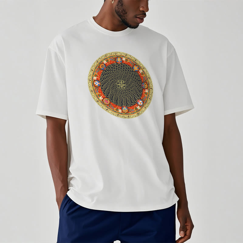 Buddha Stonesの円形、オーム・マニ・パドメ・フム、 8つの吉兆のシンボルのコットンTシャツ - image 13
