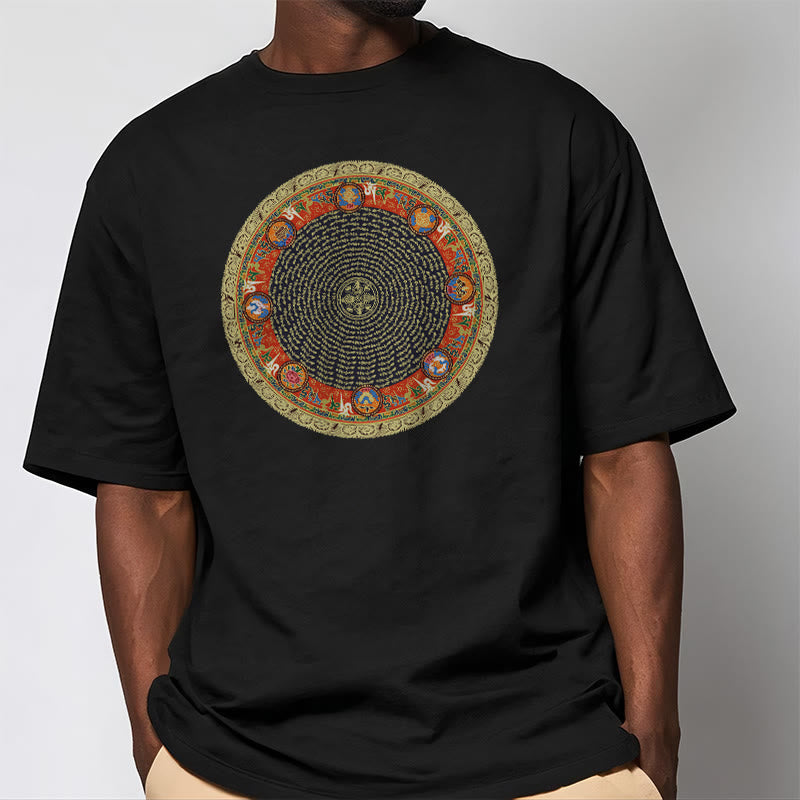 Buddha Stonesの円形、オーム・マニ・パドメ・フム、 8つの吉兆のシンボルのコットンTシャツ - image 5
