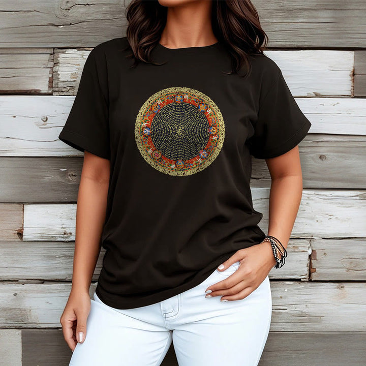 Buddha Stonesの円形、オーム・マニ・パドメ・フム、 8つの吉兆のシンボルのコットンTシャツ - image 8