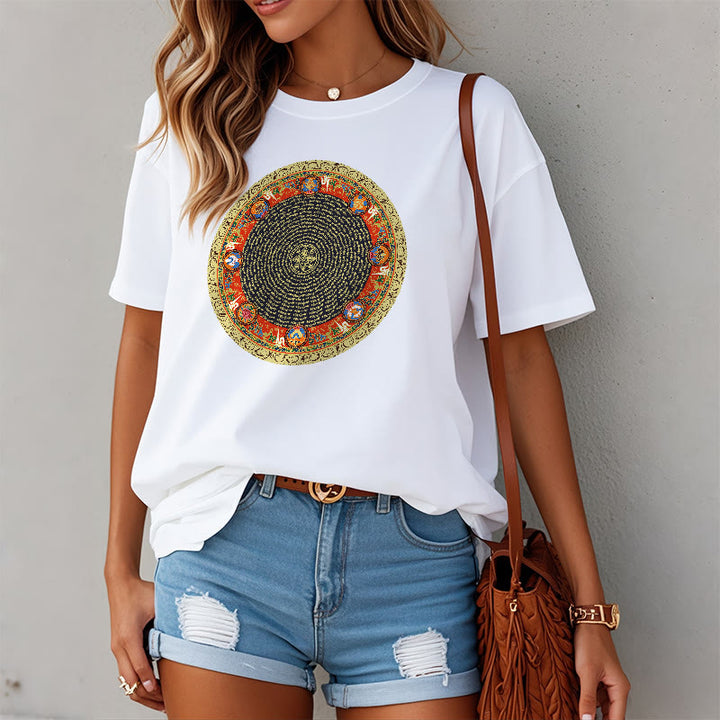 Buddha Stonesの円形、オーム・マニ・パドメ・フム、 8つの吉兆のシンボルのコットンTシャツ - image 14