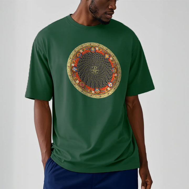 Buddha Stonesの円形、オーム・マニ・パドメ・フム、 8つの吉兆のシンボルのコットンTシャツ - image 2
