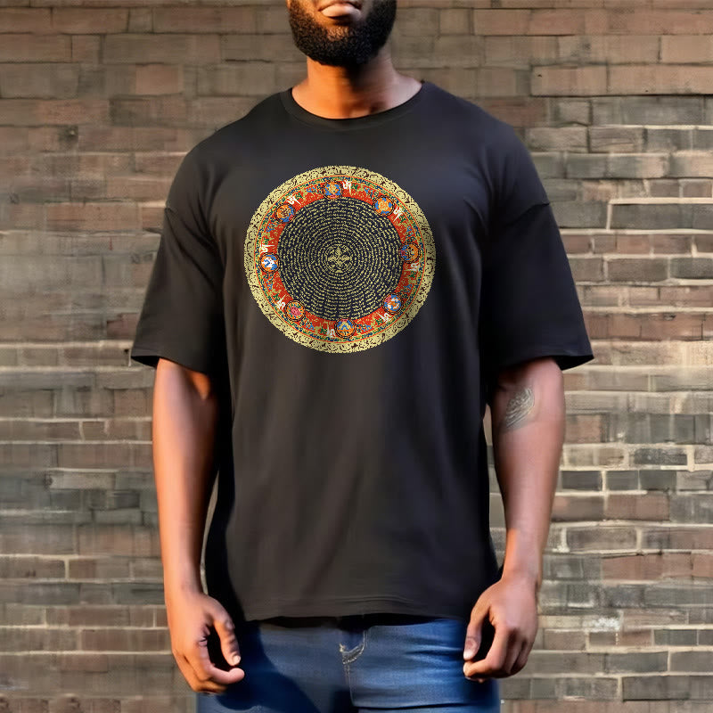 Buddha Stonesの円形、オーム・マニ・パドメ・フム、 8つの吉兆のシンボルのコットンTシャツ - image 6