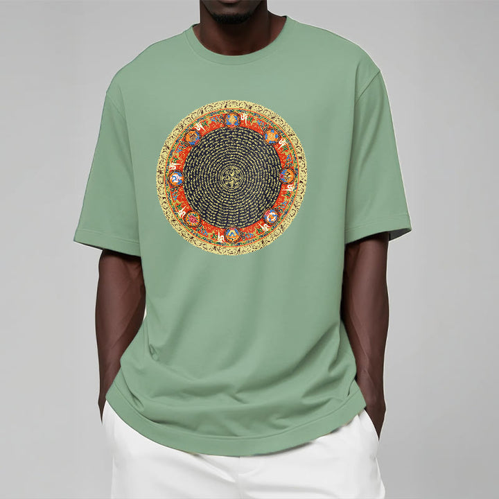 Buddha Stonesの円形、オーム・マニ・パドメ・フム、 8つの吉兆のシンボルのコットンTシャツ - image 15