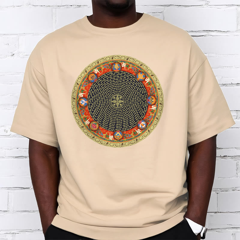Buddha Stonesの円形、オーム・マニ・パドメ・フム、 8つの吉兆のシンボルのコットンTシャツ - image 10