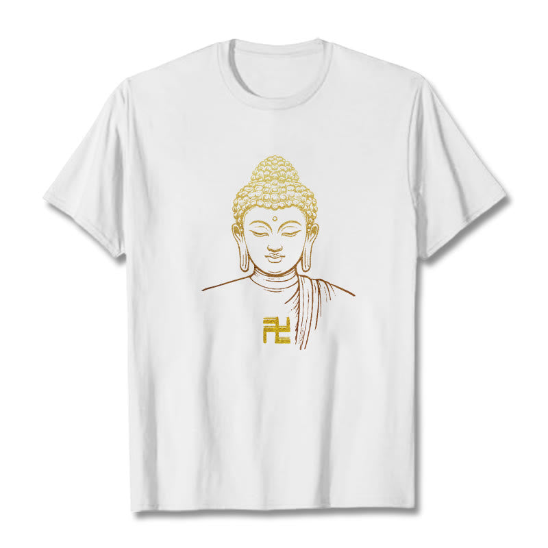 Buddha Stones卍柄 黄金仏 コットンTシャツ - 白 - 2XL - image 1