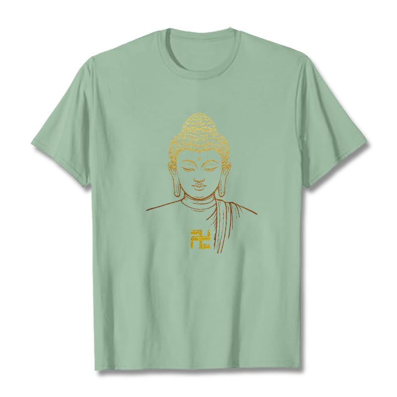 Buddha Stones卍柄 黄金仏 コットンTシャツ - 淡い緑色 - 2XL - image 12