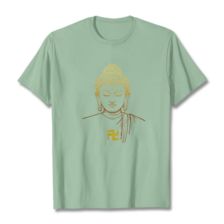Buddha Stones卍柄 黄金仏 コットンTシャツ - 淡い緑色 - 2XL - image 12