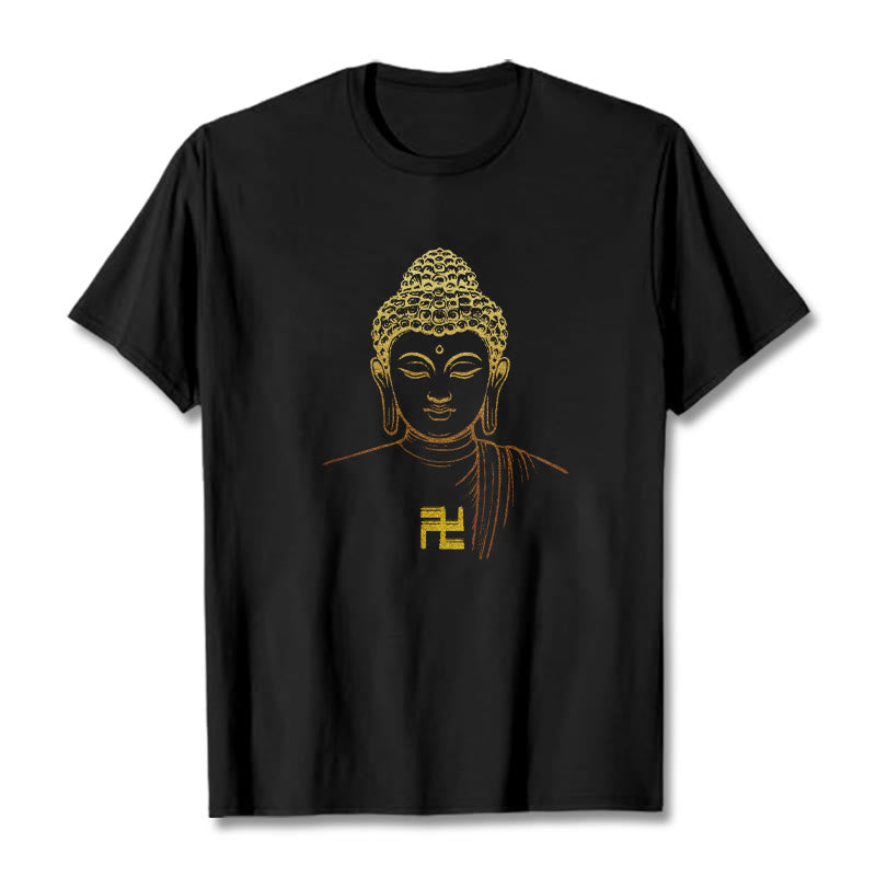 Buddha Stones卍柄 黄金仏 コットンTシャツ - 黒 - 2XL - image 5