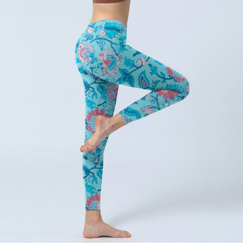 Buddha Stones、青、赤、花、葉のプリントジムレギンス、レディースヨガパンツ - image 4