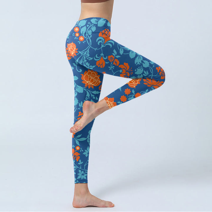 Buddha Stones、スチールブルー、レッド、チューリップ、花、葉のプリントジムレギンス、レディースヨガパンツ - image 4