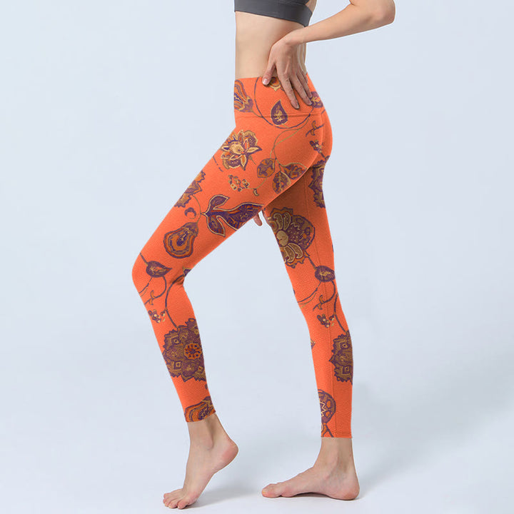 Buddha Stones、オレンジのメープルリーフ、花柄プリントのジムレギンス、レディースヨガパンツ - image 3