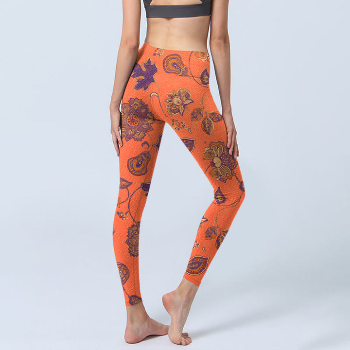 Buddha Stones、オレンジのメープルリーフ、花柄プリントのジムレギンス、レディースヨガパンツ - image 5