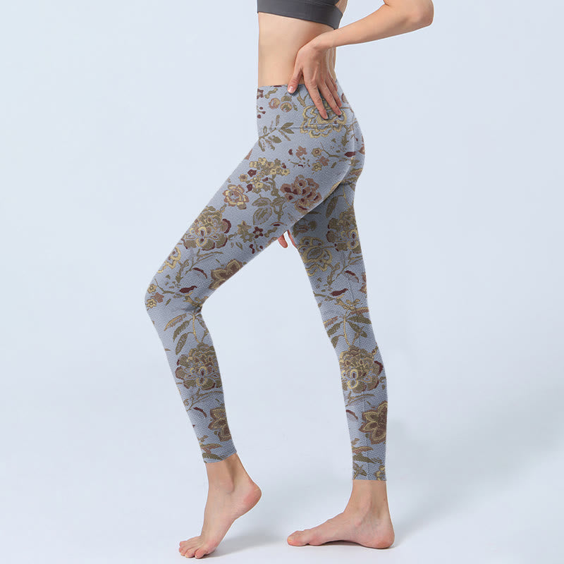 Buddha Stones、グレー、緑の葉、花柄プリントのジムレギンス、レディースヨガパンツ - image 3