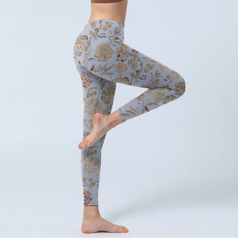 Buddha Stones、グレー、緑の葉、花柄プリントのジムレギンス、レディースヨガパンツ - image 4