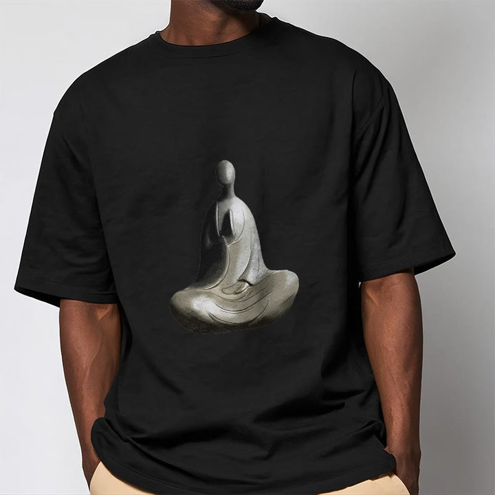 Buddha Stonesグレー無形の仏柄コットンTシャツ - image 8