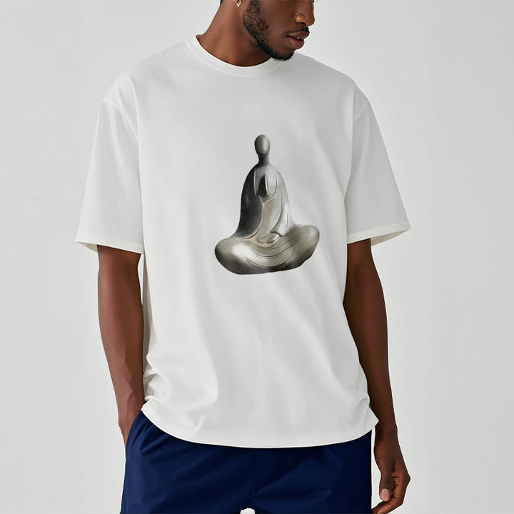 Buddha Stonesグレー無形の仏柄コットンTシャツ - image 3