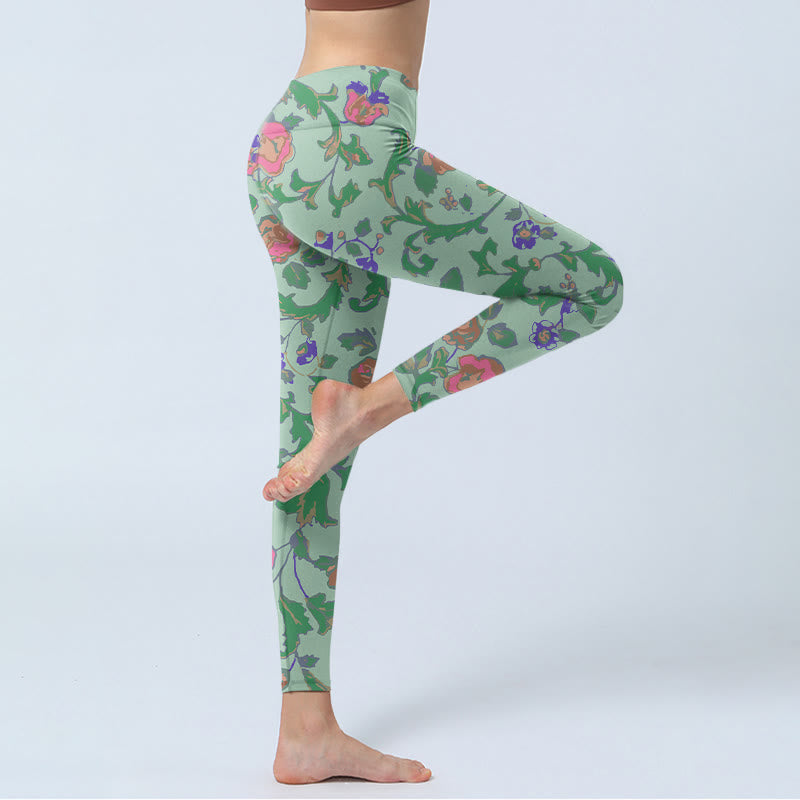 Buddha Stones、緑、赤のバラ、緑の葉のプリントジムレギンス、レディースヨガパンツ - image 4