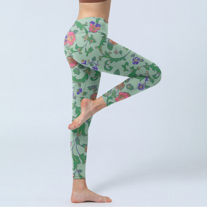 Buddha Stones、緑、赤のバラ、緑の葉のプリントジムレギンス、レディースヨガパンツ - image 4