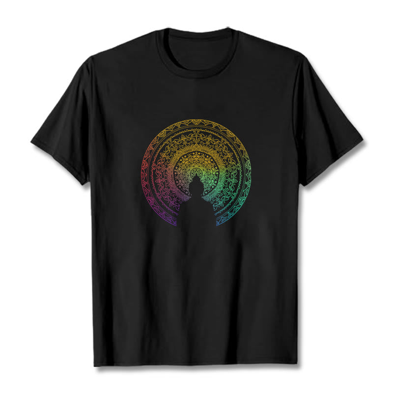 Buddha Stonesのカラフルなグラデーション曼荼羅仏陀コットンTシャツ - 黒 - 2XL - image 1
